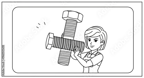 Woman Holding Large Bolt and Nut, Industrial Concept, DIY Project, Construction