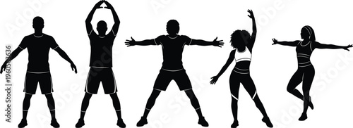 Active people silhouette set with men and women performing fitness exercises and stretching poses cad drawing flat vector illustration isolated on white background.