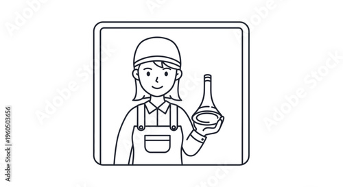 Woman in chef uniform holding a bottle and bowl, line art illustration
