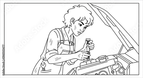 Woman mechanic checking car engine oil in garage, auto repair service