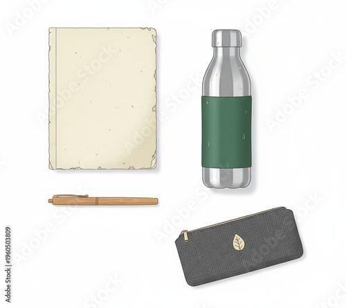 A clean set of isolated objects featuring a blank paper card, an empty glass, and a bottle of wine alongside a pen and ink bottle illustration on a template