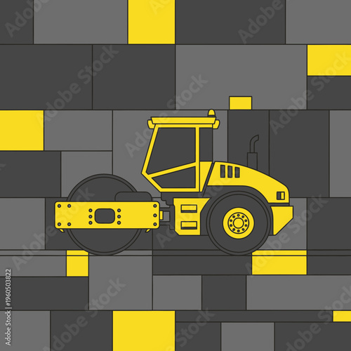 Yellow Road Roller Machine Illustration On Gray And Yellow Background