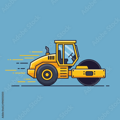 Yellow Road Roller Machine Moving Fast on Blue Background Illustration