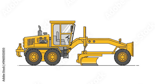 Yellow Motor Grader Heavy Construction Machine Vector Illustration