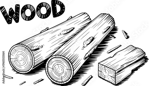 Hand Drawn Wood Logs and Lumber Pieces with Text Wood White Background timber forest