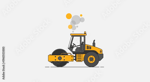 Yellow Road Roller Machine Working on Construction Site with Exhaust