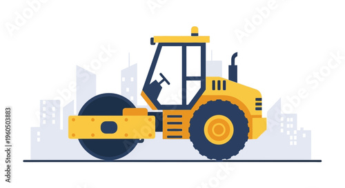 Yellow Road Roller Machine With Cityscape Background Illustration