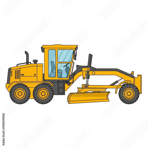 Yellow Grader Machine For Road Construction Industry Work Detailed Illustration