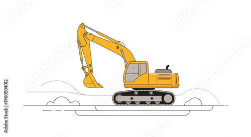 Yellow Excavator Machine On White Background Flat Design Style