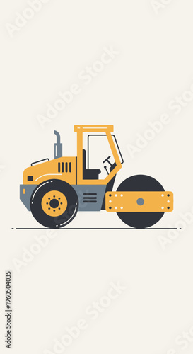Yellow Roller Machine For Road Construction On Isolated Background