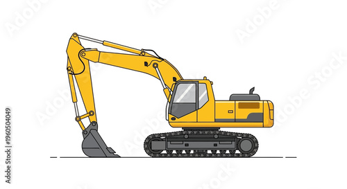 Yellow Excavator Machine On White Background Industrial Vehicle Construction Equipment Illustration