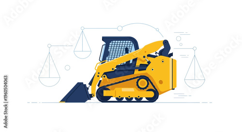 Yellow Skid Steer Loader Balances Weight On Abstract Scales