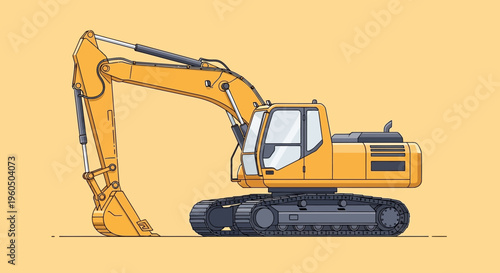 Yellow Excavator Machine On Yellow Background Detailed Illustration