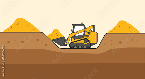Yellow Skid Steer Loader Excavating Soil And Piling Dirt For Construction