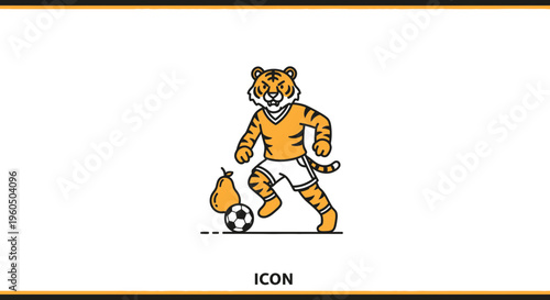 Tiger playing soccer with a pear, funny cartoon icon, vector illustration