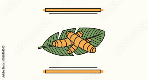 Turmeric Roots on Green Leaf: Spice, Herb, Natural Ingredient, Health Food, Organic, Culinary