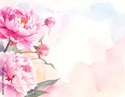 A delicate floral arrangement with pink peonies on a soft watercolor background