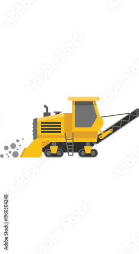 Yellow Road Milling Machine Working on Asphalt Surface with Debris Flying