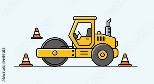 Yellow Steamroller And Traffic Cones On A Clean White Background Vector Art