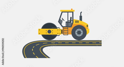 Yellow Steamroller Compacting Curved Road Surface Construction Project