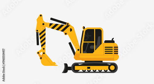Yellow Excavator Machine With Black Stripes Ready For Work