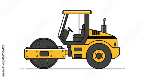 Yellow Road Roller Construction Vehicle Flat Design Icon