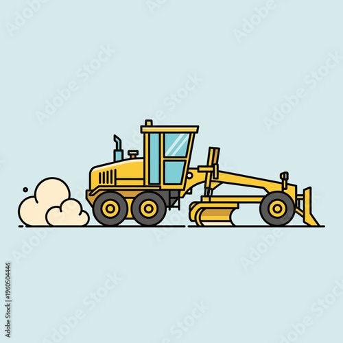 Yellow Grader Machine Performing Road Construction Work With Dust Clouds