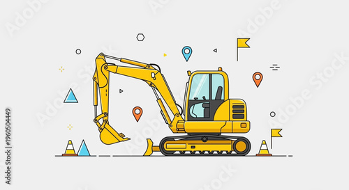 Yellow Excavator Machine With Construction Site Elements And Pin Markers