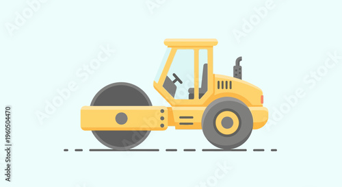Yellow Road Roller Construction Vehicle Icon For Flat Design
