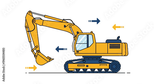 Yellow Excavator Machine With Directional Arrows On White Background