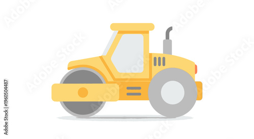 Yellow Steamroller Construction Vehicle Flat Design Icon