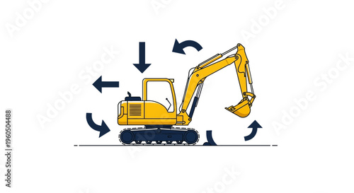 Yellow Excavator Machine With Directional Arrows Symbolizing Movement