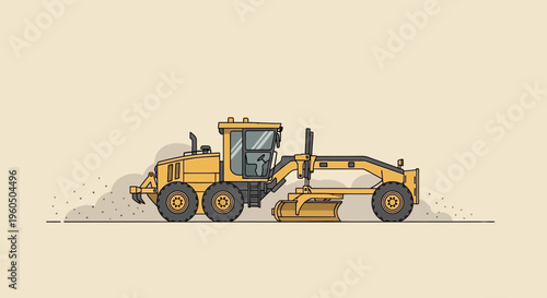 Yellow Motor Grader Vehicle Performing Road Maintenance Work