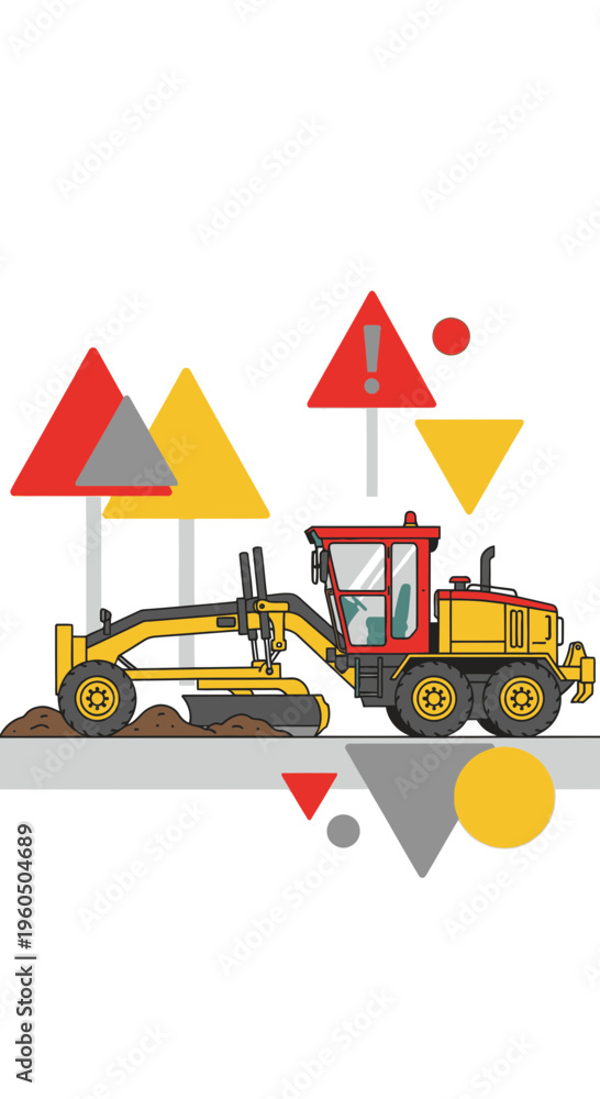 Naklejka premium Yellow Grader Machine Working on Construction Site with Geometric Shapes