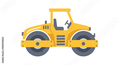 Yellow Steamroller Heavy Equipment Vehicle Isolated On White Background Construction Machinery