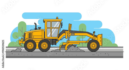 Yellow Motor Grader Working On Road Construction Site