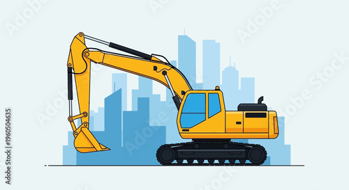 Yellow Excavator Machine Working On A City Construction Site