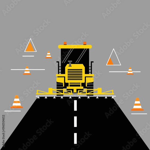 Yellow Road Construction Machine Paving Asphalt with Traffic Cones Guarding the Area