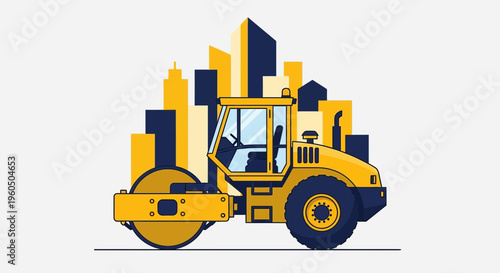 Yellow Steamroller In Front Of Abstract Cityscape Vector Illustration