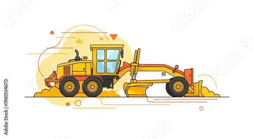 Yellow Grader Machine Working On Construction Site Flat Design