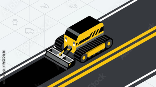 Yellow Road Construction Vehicle Laying Asphalt on Highway