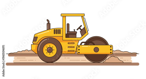 Yellow Steamroller Machine Compacting Soil On White Background