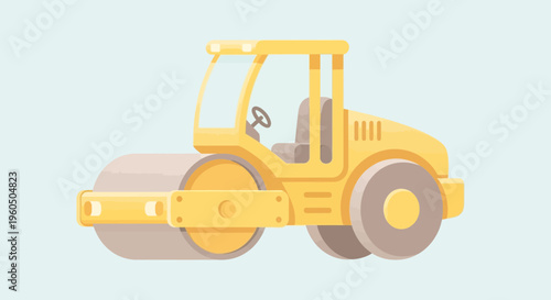 Yellow Steamroller Machine On A Light Blue Background Simple Flat Design