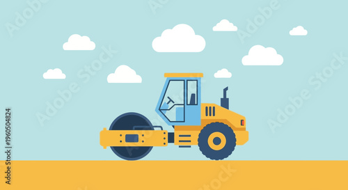 Yellow Steamroller Machine Rolling Over A Yellow Surface Under A Blue Sky With Clouds