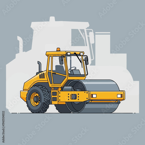 Yellow Steamroller Machine Performing Road Construction Work Illustration