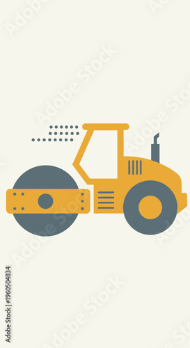 Yellow Steamroller Machine Moving Fast on Construction Site Flat Design