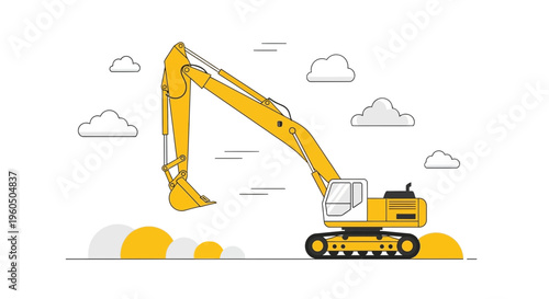 Yellow Excavator Machine Working On Construction Site With Clouds