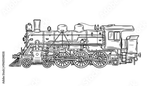 Vintage hand drawn steam locomotive side view detailed line art isolated on white background vector illustration