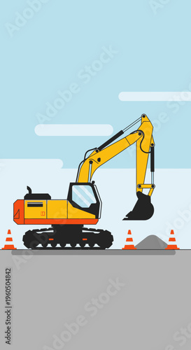 Yellow Excavator Machine Working on Construction Site with Safety Cones