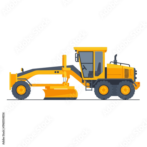 Yellow Heavy Duty Motor Grader Machine On White Background